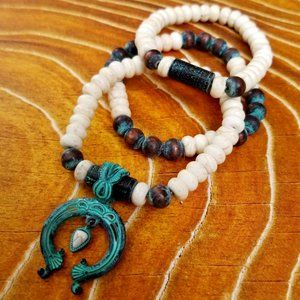 3 Bracelets Stack. Southwestern Patina Squash Blossom. Ivory Faux Stone Beaded.